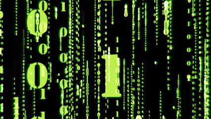 Motion Graphic of random green particle binary digit number falling down with matrix effect over animated background, analysis data and computer concept
