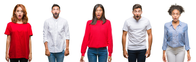 Collage of group chinese, indian, hispanic people over isolated background afraid and shocked with...