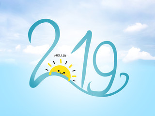 Hello 2019 word and cute sun smile on blue sky background