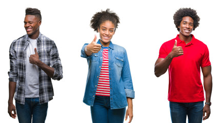 Collage of group african american people with afro hair over isolated background doing happy thumbs up gesture with hand. Approving expression looking at the camera with showing success.