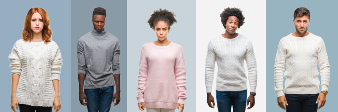 Collage of group of african american and hispanic people wearing winter sweater over vintage background depressed and worry for distress, crying angry and afraid. Sad expression.