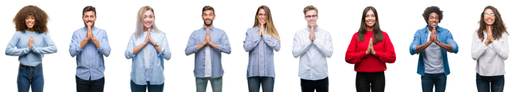 Composition of african american, hispanic and caucasian group of people over isolated white background praying with hands together asking for forgiveness smiling confident.