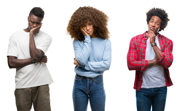 Collage of african american group of people over isolated background thinking looking tired and bored with depression problems with crossed arms.