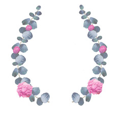 Watercolor hand painted wreath with green eucalyptus leaves, pink flowers and branches.