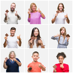 Fototapeta na wymiar Collage of group of people eating chocolate over isolated background happy with big smile doing ok sign, thumb up with fingers, excellent sign