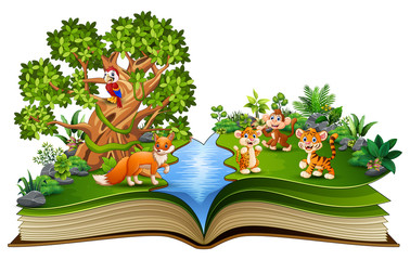 Open book with animal cartoon playing in the park  under a big tree