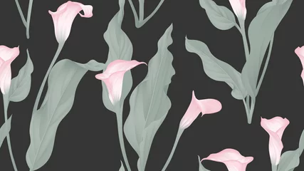 Foto op Plexiglas Floral seamless pattern, pink calla lily flowers and leaves on black background, pastel vintage theme © momosama