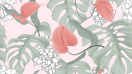 Foto op Plexiglas Floral seamless pattern, red Anthurium flowers and split-leaf Philodendron plant on pink background, pastel vintage theme © momosama