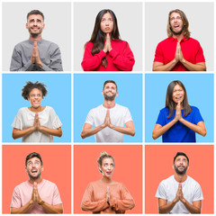 Collage of group of young people over colorful isolated background begging and praying with hands...
