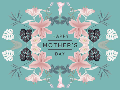 Happy mother's day greeting card design, mirror effect/ symmetry lilies and other flowers wreath on blue background