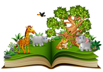 Obraz na płótnie Canvas Open book with animals cartoon and big tree