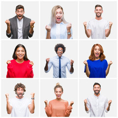 Collage of group of young people woman and men over isolated background celebrating surprised and...