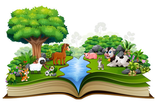 Open book with animal farm playing in the park
