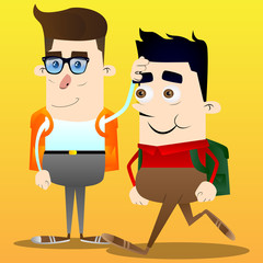 Schoolboys comforting another. Vector cartoon character illustration.