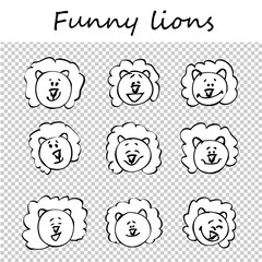 Funny lions. Doodle animal faces with positive emotions, black outlines, white images, transparent background. Emoticons. Emotional icons. Vector illustration.