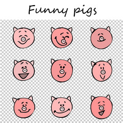 Funny pigs. Doodle animal faces with positive emotions, black outlines, flat colorful images, transparent background. Emoticons. Emotional icons. Vector illustration.