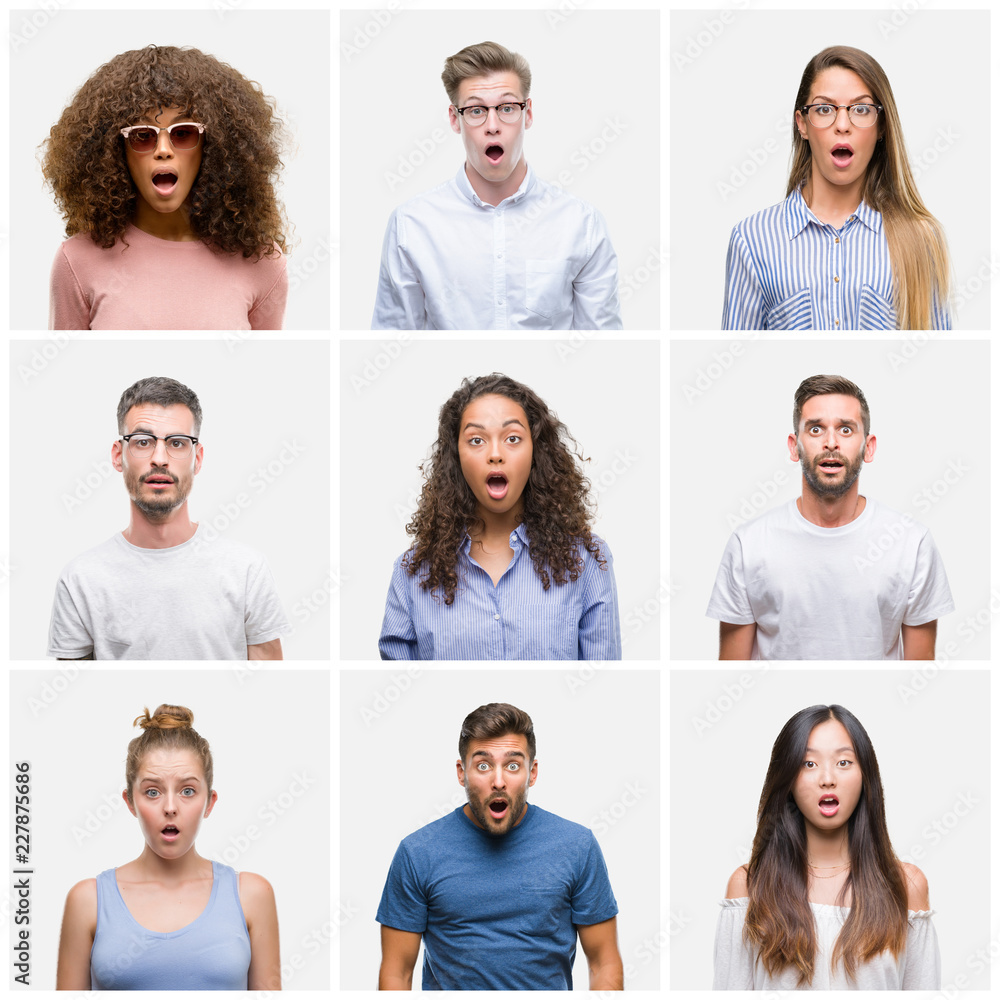 Sticker Collage of group of young people woman and men over white solated background afraid and shocked with surprise expression, fear and excited face.