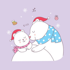 Obraz na płótnie Canvas Cartoon cute Christmas mom and baby polar bear kiss vector.