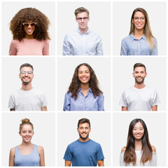 Collage of group of young people woman and men over white solated background with a happy and cool smile on face. Lucky person.