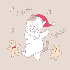 Cartoon cute Christmas cat and Gingerbread dancing vector.