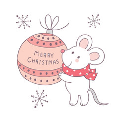 Cartoon cute Christmas  mouse and ball vector.