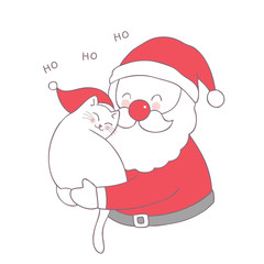 Cartoon cute Christmas Santa Claus hug cat vector.