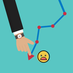 Cost down, decrease graph. Decrease down profit. Declining chart and unhappy face with crying tear vector illustration in flat style