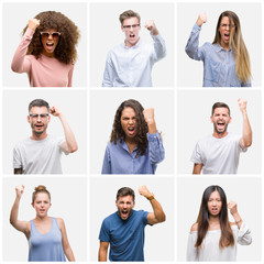 Collage of group of young people woman and men over white solated background angry and mad raising fist frustrated and furious while shouting with anger. Rage and aggressive concept.