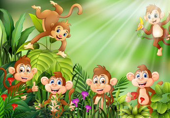 Obraz premium Scena przyrody z grupą małp kreskówek