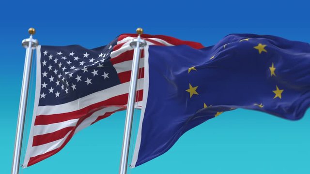 4k Seamless Usa United States of America And European Union EU Flags with blue sky background,A fully digital rendering,The flag 3D animation loops at 20 seconds.