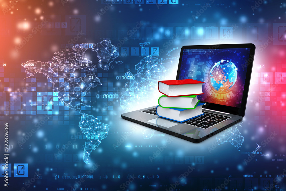 Poster digital library and online education concept - laptop computer with colorful books. 3d rendering