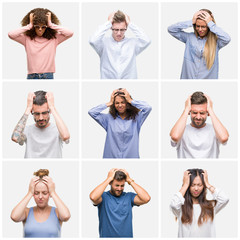 Collage of group of young people woman and men over white solated background suffering from...