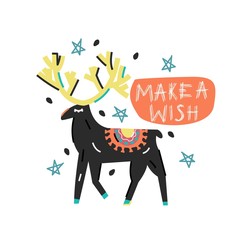 Vector cute illustration with Christmas deer and the inscription 