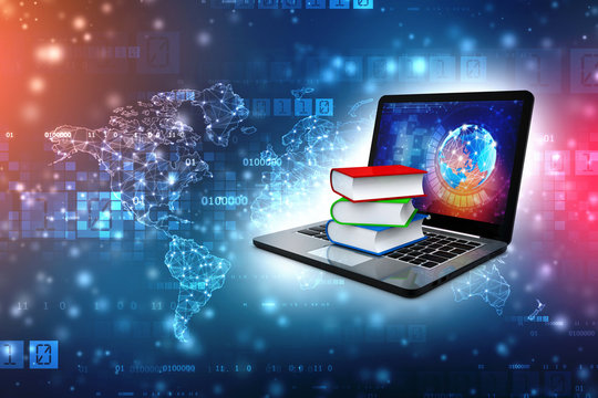 Digital library and online education concept - laptop computer with colorful books. 3d rendering