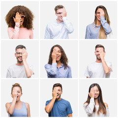 Collage of group of young people woman and men over white solated background covering one eye with hand with confident smile on face and surprise emotion.