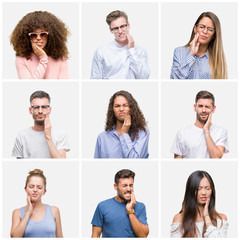 Collage of group of young people woman and men over white solated background touching mouth with hand with painful expression because of toothache or dental illness on teeth. Dentist concept.