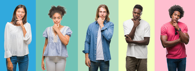Obraz premium Composition of african american, hispanic and chinese group of people over vintage color background looking confident at the camera with smile with crossed arms and hand raised on chin