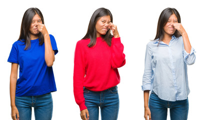 Obraz premium Collage of asian young woman standing over white isolated background smelling something stinky and disgusting, intolerable smell, holding breath with fingers on nose. Bad smells concept.