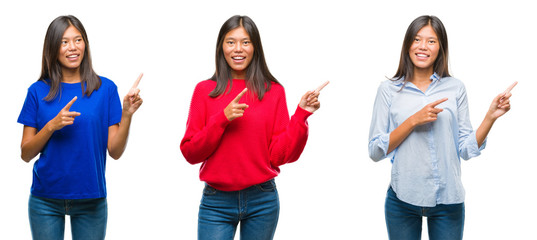 Collage of asian young woman standing over white isolated background smiling and looking at the camera pointing with two hands and fingers to the side.