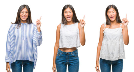 Obraz premium Collage of asian young woman standing wearing glasses over white isolated background pointing finger up with successful idea. Exited and happy. Number one.