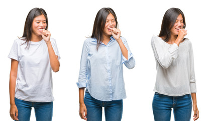 Collage of asian young woman standing over white isolated background feeling unwell and coughing as symptom for cold or bronchitis. Healthcare concept.