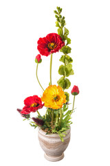 Floral arrangement from artificial poppy flowers in old ceramic flower pot.