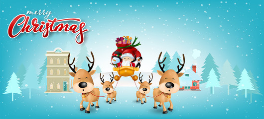 Funny Christmas Greeting Card, With Santa Claus, Deer, Snowman and penguin, vector illustration.