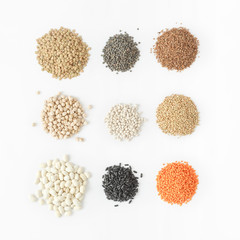 Set cereals white background Healthy food source protein vegetarians