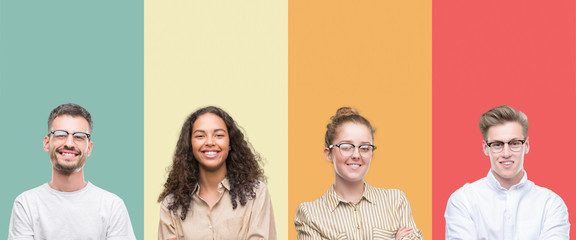 Obraz premium Collage of a group of people isolated over colorful background happy face smiling with crossed arms looking at the camera. Positive person.