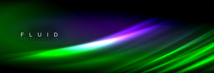 Naklejka premium Neon glowing fluid wave lines, magic energy space light concept, abstract background wallpaper design