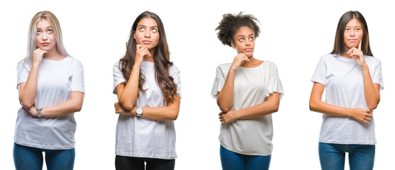Obraz premium Collage of group of chinese, arab, african american woman over isolated background with hand on chin thinking about question, pensive expression. Smiling with thoughtful face. Doubt concept.