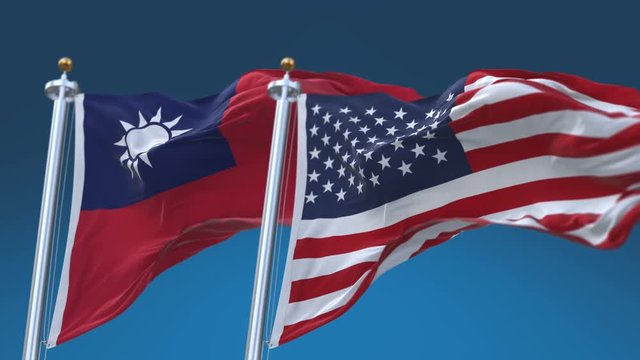 4k Seamless United States of America And Taiwan Flags with blue sky background,A fully digital rendering,The flag 3D animation loops at 20 seconds,USA TWN.