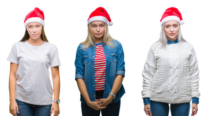 Fototapeta premium Collage of group of young women wearing christmas hat over isolated background with serious expression on face. Simple and natural looking at the camera.