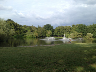 The lake with fountains in a park, surrounded by trees on a green lawn